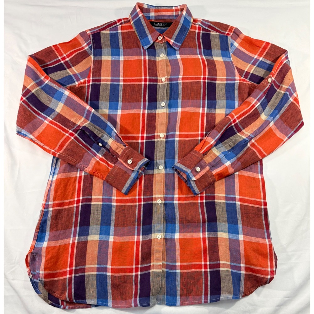 Lauren Ralph Lauren Plaid Linen Button Down Roll Tab Sleeve Shirt Orange Blue M